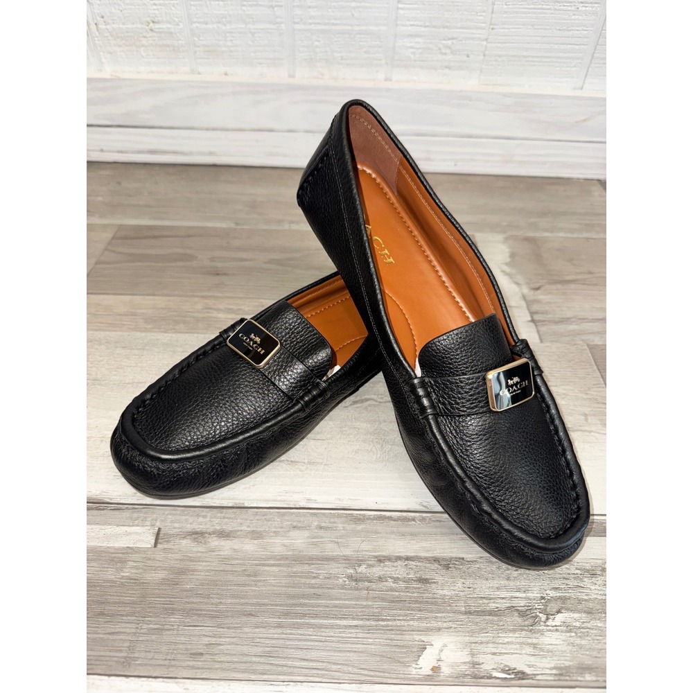 Coach Mona Driver Loafers Womens Black Pebbled Leather Gold Logo Flats Size 9